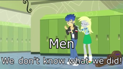 Size: 1920x1080 | Tagged: safe, edit, edited screencap, screencap, derpy hooves, flash sentry, equestria girls, g4, my little pony equestria girls: friendship games, caption, family guy, image macro, male, men: we don't know what we did, text