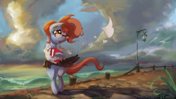 Size: 1920x1080 | Tagged: safe, artist:tony-retro, oc, oc only, oc:furima, earth pony, pony, beach, bipedal, book, chest fluff, clothes, glasses, lamp, lamppost, open mouth, paper, seaside, skirt, solo, wind