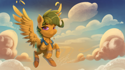 Size: 1366x768 | Tagged: safe, artist:tony-retro, oc, oc only, oc:vincia nay, pegasus, pony, chest fluff, cloud, flying, looking at you, mouth hold, solo, spread wings, straw, wings