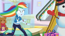 Size: 3410x1920 | Tagged: safe, screencap, rainbow dash, dashing through the mall, equestria girls, equestria girls specials, g4, my little pony equestria girls: better together, my little pony equestria girls: holidays unwrapped, clothes, cutie mark, cutie mark on clothes, female, geode of super speed, hoodie, jewelry, magical geodes, necklace, running, solo, wide eyes