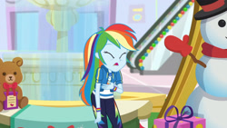 Size: 3410x1920 | Tagged: safe, screencap, rainbow dash, dashing through the mall, equestria girls, equestria girls specials, g4, my little pony equestria girls: better together, my little pony equestria girls: holidays unwrapped, clothes, cutie mark, cutie mark on clothes, eyes closed, female, geode of super speed, hoodie, jewelry, magical geodes, necklace, solo