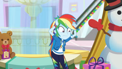 Size: 3410x1920 | Tagged: safe, screencap, rainbow dash, dashing through the mall, equestria girls, equestria girls specials, g4, my little pony equestria girls: better together, my little pony equestria girls: holidays unwrapped, clothes, cutie mark, cutie mark on clothes, female, geode of super speed, hoodie, jewelry, magical geodes, necklace, solo