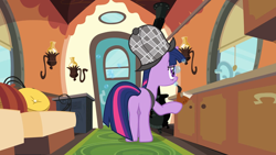 Size: 1920x1080 | Tagged: safe, screencap, twilight sparkle, pony, unicorn, g4, mmmystery on the friendship express, bubble, butt, deerstalker, detective, featureless crotch, female, hat, mare, plot, sherlock holmes, sherlock sparkle, solo, twibutt, unicorn twilight