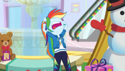 Size: 3410x1920 | Tagged: safe, screencap, rainbow dash, dashing through the mall, equestria girls, equestria girls specials, g4, my little pony equestria girls: better together, my little pony equestria girls: holidays unwrapped, clothes, cutie mark, cutie mark on clothes, female, geode of super speed, hoodie, jewelry, magical geodes, necklace, nose in the air, open mouth, solo