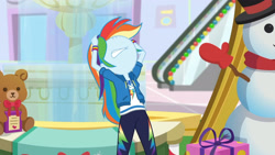 Size: 3410x1920 | Tagged: safe, screencap, rainbow dash, dashing through the mall, equestria girls, equestria girls specials, g4, my little pony equestria girls: better together, my little pony equestria girls: holidays unwrapped, clothes, cutie mark, cutie mark on clothes, female, geode of super speed, hoodie, jewelry, magical geodes, necklace, nose in the air, solo