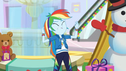 Size: 3410x1920 | Tagged: safe, screencap, rainbow dash, dashing through the mall, equestria girls, equestria girls specials, g4, my little pony equestria girls: better together, my little pony equestria girls: holidays unwrapped, clothes, cutie mark, cutie mark on clothes, eyes closed, female, geode of super speed, hoodie, jewelry, lip bite, magical geodes, necklace, solo