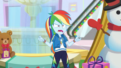 Size: 3410x1920 | Tagged: safe, screencap, rainbow dash, dashing through the mall, equestria girls, equestria girls series, g4, holidays unwrapped, spoiler:eqg series (season 2), angry, clothes, cutie mark, cutie mark on clothes, female, geode of super speed, hoodie, jewelry, magical geodes, necklace, rainbow dash is best facemaker, solo