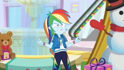 Size: 3410x1920 | Tagged: safe, screencap, rainbow dash, dashing through the mall, equestria girls, equestria girls specials, g4, my little pony equestria girls: better together, my little pony equestria girls: holidays unwrapped, angry, clothes, cutie mark, cutie mark on clothes, female, geode of super speed, hoodie, jewelry, lip bite, magical geodes, necklace, rainbow dash is best facemaker, solo, wide eyes