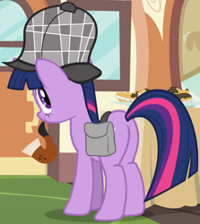 Size: 1000x1121 | Tagged: safe, screencap, twilight sparkle, pony, unicorn, g4, mmmystery on the friendship express, bag, bubble pipe, butt, cropped, deerstalker, detective, female, hat, mare, pipe, plot, saddle bag, sherlock holmes, sherlock sparkle, solo, twibutt, unicorn twilight