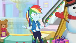 Size: 3410x1920 | Tagged: safe, screencap, rainbow dash, dashing through the mall, equestria girls, equestria girls specials, g4, my little pony equestria girls: better together, my little pony equestria girls: holidays unwrapped, angry, clothes, cutie mark, cutie mark on clothes, female, geode of super speed, hoodie, jewelry, magical geodes, necklace, rainbow dash is best facemaker, shrunken pupils, solo