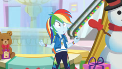 Size: 3410x1920 | Tagged: safe, screencap, rainbow dash, dashing through the mall, equestria girls, equestria girls specials, g4, my little pony equestria girls: better together, my little pony equestria girls: holidays unwrapped, :o, clothes, cutie mark, cutie mark on clothes, female, geode of super speed, hoodie, jewelry, magical geodes, necklace, open mouth, rainbow dash is best facemaker, solo