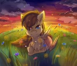 Size: 1580x1352 | Tagged: safe, artist:yuris, oc, oc only, oc:sharpwing, pegasus, pony, blue eyes, brown mane, commission, field, flower, folded wings, frown, lying down, male, pegasus oc, solo, wind, wings, ych result