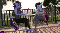 Size: 3840x2160 | Tagged: safe, artist:shadowboltsfm, oc, oc:maple cake, oc:raven storm, anthro, plantigrade anthro, 3d, 4k, barefoot, blender, clothes, crossed legs, cute, feet, female, flip-flops, foot fetish, footsie, heel pop, high res, lens flare, looking at each other, nail polish, not sfm, sandals, shoes off, sitting, smiling, tank top, toes