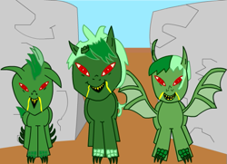 Size: 551x399 | Tagged: safe, artist:flikaline, oc, oc only, bat wings, broken horn, clawed hooves, drool, goblin pony, horn, trio, wings