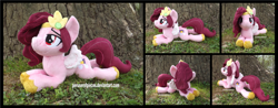 Size: 4455x1754 | Tagged: safe, artist:peruserofpieces, pipp petals, pegasus, pony, g5, adorapipp, beanie (plushie), cute, female, irl, looking at you, lying down, mare, photo, plushie, prone, red eyes, red-eyed pipp, smiling, smiling at you, sploot, tree, wings
