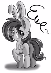 Size: 2600x3700 | Tagged: safe, artist:hisp, oc, oc only, oc:eventide mist, bat pony, pony, black and white, bunny ears, butt, female, grayscale, high res, monochrome, plot, simple background, solo