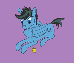 Size: 1058x900 | Tagged: safe, artist:ononim, oc, oc only, oc:repentant anon, pegasus, pony, angry, bell pepper, colored sketch, food, grooming, lying down, male, pepper, preening, prone, purple background, simple background, solo, stallion