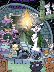 Size: 768x1024 | Tagged: safe, artist:tonyfleecs, idw, admiral fluffington, chummer, max, molly, shadow (g4), abyssinian, cat, g4, spoiler:comic, spoiler:comic97, eyepatch, monocle, scar, unnamed abyssinian, unnamed character