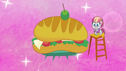 Size: 1920x1080 | Tagged: safe, screencap, zesty, earth pony, pony, g4.5, my little pony: pony life, the comet section, spoiler:pony life s02e03, female, food, giant food, ladder, mare, submarine sandwich