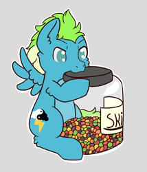 Size: 2145x2505 | Tagged: safe, artist:morrigun, oc, oc only, oc:freefall, pegasus, pony, candy, commission, cute, food, high res, jar, male, skittles, wings, ych result