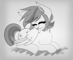 Size: 2000x1650 | Tagged: safe, artist:saveraedae, oc, oc only, oc:double w, pegasus, pony, cute, eyes closed, female, grayscale, grooming, licking, monochrome, preening, sketch, solo, tongue out, wings
