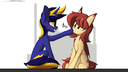 Size: 3840x2160 | Tagged: safe, artist:deafjaeger, oc, oc only, oc:airi, oc:vajr, bat pony, pony, unicorn, boop, confused, couple, duo, female, grin, happy, high res, male, oc x oc, shaking, shipping, sitting, smiling, straight, vairi