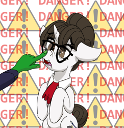 Size: 916x942 | Tagged: safe, artist:sufficient, raven, oc, oc:anon, pony, unicorn, g4, boop, danger, exclamation point, glasses, hair bun, necktie, panic, scared, scrunchy face, warning sign