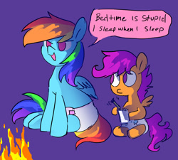 Size: 1280x1152 | Tagged: safe, artist:onc3l3rphobix, rainbow dash, scootaloo, pegasus, pony, g4, diaper, diaper fetish, female, fetish, filly, fire, foal, mare, non-baby in diaper, sitting