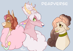 Size: 1280x895 | Tagged: safe, artist:sodafalls, oc, oc only, oc:angel delight, oc:bubble chai, oc:éclair, draconequus, pony, blue background, bust, interspecies offspring, offspring, parent:cheese sandwich, parent:discord, parent:pinkie pie, parents:cheesepie, parents:discopie, portrait, simple background