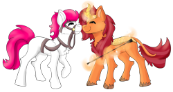 Size: 2659x1427 | Tagged: safe, artist:euspuche, oc, oc only, earth pony, kirin, pony, chest fluff, female, male, mare, riding crop, simple background, smiling, transparent background