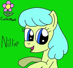 Size: 753x698 | Tagged: safe, artist:yorkyloves, oc, oc:nillie, earth pony, pony, ask, ask juby, cutie mark, female, flower, green background, hooves, hooves up, mare, open mouth, rearing, signature, simple background, smiling, solo, tumblr, underhoof