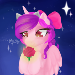 Size: 2066x2066 | Tagged: safe, artist:waretmilout, alicorn, pony, commission, cute, flower, high res, light, night, pink, purple, romantic, rose, stars