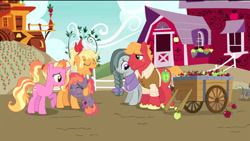 Size: 1280x720 | Tagged: safe, artist:teafrown, applejack, big macintosh, luster dawn, marble pie, oc, dog, earth pony, pony, unicorn, g4, the last problem, alternate design, aunt and niece, barn, character swap, female, freckles, hug, male, mare, offspring, older, older applejack, older big macintosh, older marble pie, parent:big macintosh, parent:marble pie, parents:marblemac, ship:marblemac, shipping, stallion, straight, sweet apple acres