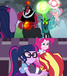 Size: 1920x2160 | Tagged: safe, edit, edited screencap, screencap, cozy glow, lord tirek, pinkie pie, queen chrysalis, sci-twi, sunset shimmer, twilight sparkle, alicorn, centaur, changeling, changeling queen, pony, equestria girls, equestria girls series, forgotten friendship, g4, the ending of the end, alicornified, comparison, cozycorn, female, geode of sugar bombs, geode of telekinesis, glasses, magical geodes, race swap, twilight sparkle (alicorn), ultimate chrysalis
