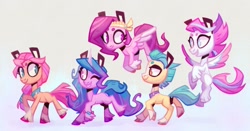 Size: 1857x972 | Tagged: safe, artist:adreamera, hitch trailblazer, izzy moonbow, pipp petals, sunny starscout, zipp storm, earth pony, pegasus, pony, unicorn, g5, my little pony: a new generation, female, flying, group shot, looking back, male, mane five, mare, one eye closed, profile, red eyes, red-eyed pipp, stallion, walking, wink