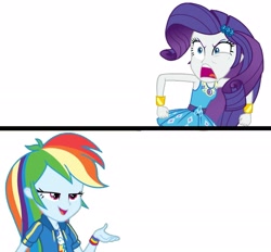 Size: 2289x2128 | Tagged: safe, rainbow dash, rarity, equestria girls, equestria girls series, g4, holidays unwrapped, rollercoaster of friendship, spoiler:eqg series (season 2), angry, bedroom eyes, comments, geode of shielding, geode of super speed, high res, implied sunset shimmer, lidded eyes, magical geodes, meme, meme template, rage, rarirage, rarity anger at rainbow dash meme, yelling