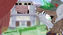 Size: 1820x1024 | Tagged: safe, artist:aaronmk, oc, oc only, oc:littlepip, classical hippogriff, hippogriff, pony, unicorn, fallout equestria, carnation revolution, clothes, female, freckles, gun, hat, jumpsuit, magic, magic aura, mare, portuguese, solo, vault suit, vector, weapon