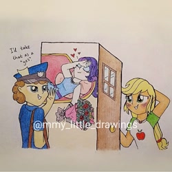 Size: 1079x1079 | Tagged: safe, artist:mmy_little_drawings, applejack, rarity, equestria girls, g4, my little pony equestria girls: better together, blushing, bouquet, clothes, comic, eyelashes, fainting couch, female, flower, freckles, geode of shielding, geode of super strength, grin, hat, heart, lesbian, lesbian in front of boys, magical geodes, mailmare, male, obtrusive watermark, open mouth, rarity peplum dress, ship:rarijack, shipping, smiling, talking, traditional art, watermark