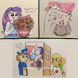 Size: 1080x1080 | Tagged: safe, artist:mmy_little_drawings, applejack, rarity, equestria girls, g4, my little pony equestria girls: better together, blushing, bouquet, clothes, comic, dialogue, eyelashes, fainting couch, female, flower, freckles, grin, hat, heart, lesbian, lesbian in front of boys, mailmare, male, obtrusive watermark, open mouth, ship:rarijack, shipping, smiling, solo, traditional art, watermark