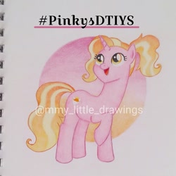 Size: 945x946 | Tagged: safe, artist:mmy_little_drawings, luster dawn, pony, unicorn, g4, :d, eyelashes, female, horn, looking back, mare, obtrusive watermark, open mouth, raised hoof, smiling, solo, traditional art, watermark