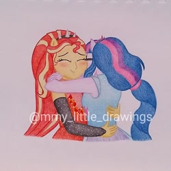 Size: 970x970 | Tagged: safe, artist:mmy_little_drawings, sci-twi, sunset shimmer, twilight sparkle, equestria girls, equestria girls series, forgotten friendship, g4, blushing, bust, clothes, eyelashes, eyes closed, female, hug, lesbian, obtrusive watermark, ponied up, ship:sci-twishimmer, ship:sunsetsparkle, shipping, traditional art, watermark