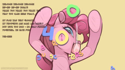 Size: 1920x1082 | Tagged: safe, artist:icychamber, pinkie pie, earth pony, pony, g4, against glass, glass, licking the fourth wall, looking at you, simple background, solo, talking to viewer, tongue out, yellow background