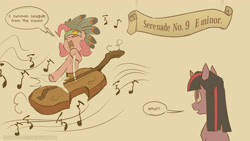 Size: 3840x2164 | Tagged: safe, artist:icychamber, pinkie pie, twilight sparkle, earth pony, pony, unicorn, g4, duo, eyes closed, headdress, high res, music notes, musical instrument, simple background, speech bubble, unicorn twilight, violin