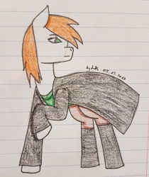 Size: 2966x3526 | Tagged: safe, artist:agdapl, oc, oc only, earth pony, pony, boots, cape, clothes, earth pony oc, high res, lined paper, looking back, raised hoof, shoes, signature, solo, traditional art