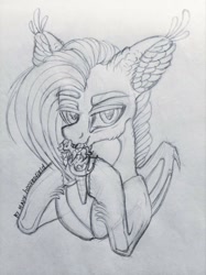 Size: 766x1024 | Tagged: safe, artist:maryhoovesfield, oc, oc only, bat pony, food pony, ice cream pony, pegasus, pony, bat pony oc, bust, ear fluff, food, grayscale, hoof hold, ice cream, ice cream cone, licking, lineart, monochrome, ponified, signature, solo, tongue out, traditional art