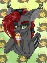 Size: 765x1024 | Tagged: safe, alternate version, artist:maryhoovesfield, oc, oc only, bat pony, food pony, pegasus, pony, bat pony oc, bust, colored, ear fluff, food, hoof hold, ice cream, ice cream cone, ice cream pony, licking, ponified, signature, tongue out