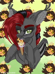 Size: 765x1024 | Tagged: safe, alternate version, artist:maryhoovesfield, oc, oc only, bat pony, food pony, ice cream pony, pegasus, pony, bat pony oc, bust, colored, ear fluff, food, hoof hold, ice cream, ice cream cone, licking, ponified, signature, tongue out