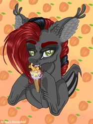 Size: 765x1024 | Tagged: safe, alternate version, artist:maryhoovesfield, oc, oc only, bat pony, food pony, ice cream pony, pegasus, pony, bat pony oc, bust, colored, ear fluff, food, hoof hold, ice cream, ice cream cone, licking, peach, ponified, signature, tongue out