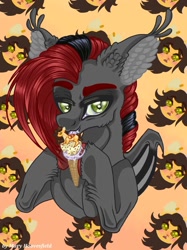 Size: 765x1024 | Tagged: safe, alternate version, artist:maryhoovesfield, oc, oc only, bat pony, food pony, ice cream pony, pegasus, pony, bat pony oc, bust, colored, ear fluff, food, hoof hold, ice cream, ice cream cone, licking, ponified, signature, tongue out
