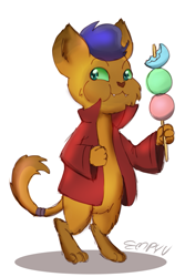 Size: 667x1000 | Tagged: safe, artist:empyu, capper dapperpaws, abyssinian, cat, felyne, anthro, g4, my little pony: the movie, 45 minute art challenge, clothes, cute, dango, dumplings, eating, food, male, monster hunter, palico, signature, solo